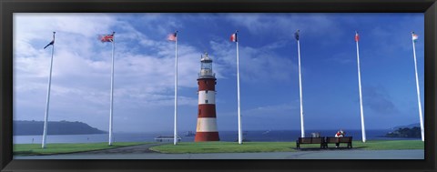 Framed Lighthouse with flags on the coast, Smeaton&#39;s Tower, Plymouth Hoe, Plymouth, Devon, England Print