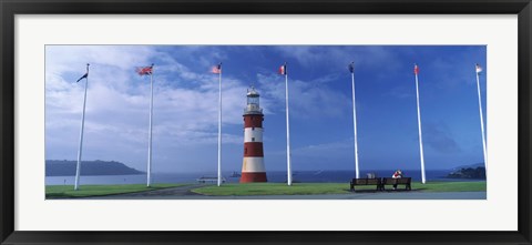 Framed Lighthouse with flags on the coast, Smeaton&#39;s Tower, Plymouth Hoe, Plymouth, Devon, England Print