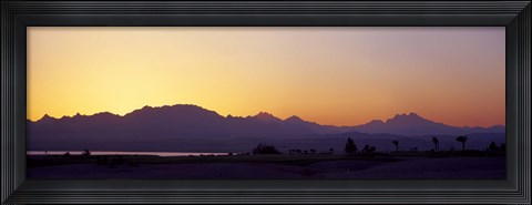 Framed Silhouette of a golf course with Sinai Mountains in the background, The Cascades Golf &amp; Country Club, Soma Bay, Hurghada, Egypt Print