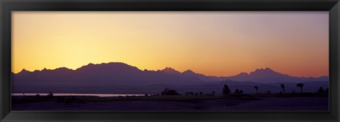 Framed Silhouette of a golf course with Sinai Mountains in the background, The Cascades Golf &amp; Country Club, Soma Bay, Hurghada, Egypt Print