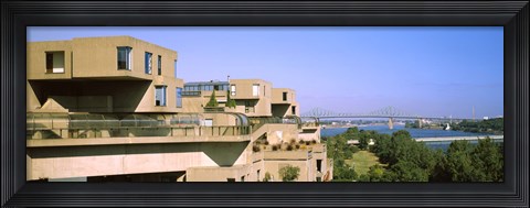 Framed Housing complex with a bridge in the background, Habitat 67, Jacques Cartier Bridge, Montreal, Quebec, Canada Print