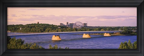 Framed Bridge across a river with Montreal Biosphere in the background, Pont De La Concorde, Montreal, Quebec, Canada Print