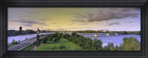 Framed Bridges across a river, Jacques Cartier Bridge, Pont De La Concorde, Montreal, Quebec, Canada Print