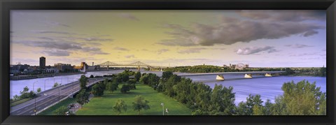 Framed Bridges across a river, Jacques Cartier Bridge, Pont De La Concorde, Montreal, Quebec, Canada Print