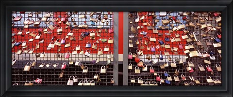 Framed Locks of Love on a fence against a Red Background, Hohenzollern Bridge, Cologne, North Rhine Westphalia, Germany Print