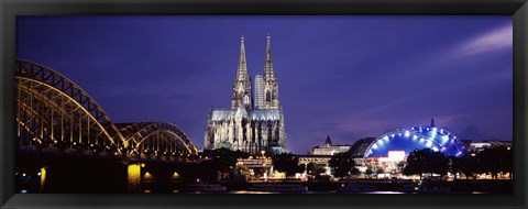 Framed City at dusk, Musical Dome, Cologne Cathedral, Hohenzollern Bridge, Rhine River, Cologne, North Rhine Westphalia, Germany Print