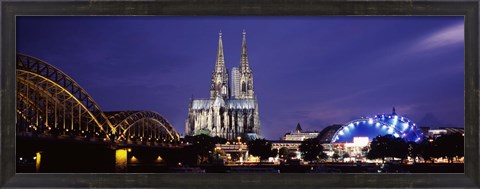 Framed City at dusk, Musical Dome, Cologne Cathedral, Hohenzollern Bridge, Rhine River, Cologne, North Rhine Westphalia, Germany Print
