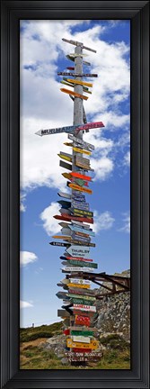 Framed Sign post showing distances to various countries, Stanley, Falkland Islands Print