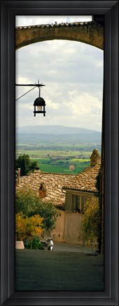 Framed Umbrian countryside viewed through an alleyway, Assisi, Perugia Province, Umbria, Italy Print