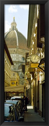 Framed Cars parked in a street with a cathedral in the background, Via Dei Servi, Duomo Santa Maria Del Fiore, Florence, Tuscany, Italy Print