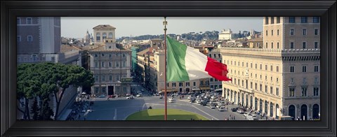 Framed Italian flag fluttering with city in the background, Piazza Venezia, Vittorio Emmanuel II Monument, Rome, Italy Print