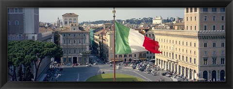 Framed Italian flag fluttering with city in the background, Piazza Venezia, Vittorio Emmanuel II Monument, Rome, Italy Print