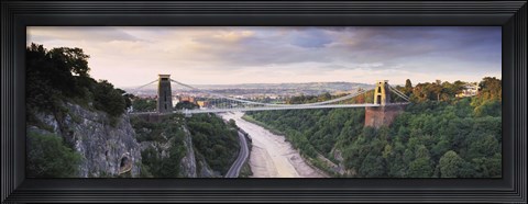 Framed Bridge across a river at sunset, Clifton Suspension Bridge, Avon Gorge, Avon River, Bristol, England Print