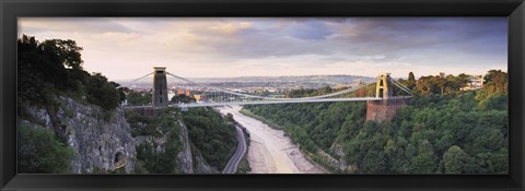 Framed Bridge across a river at sunset, Clifton Suspension Bridge, Avon Gorge, Avon River, Bristol, England Print