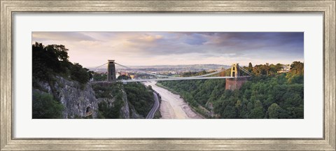 Framed Bridge across a river at sunset, Clifton Suspension Bridge, Avon Gorge, Avon River, Bristol, England Print