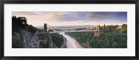 Framed Bridge across a river at sunset, Clifton Suspension Bridge, Avon Gorge, Avon River, Bristol, England Print