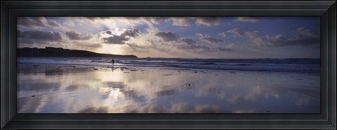 Framed Reflection of clouds on the beach, Fistral Beach, Cornwall, England Print