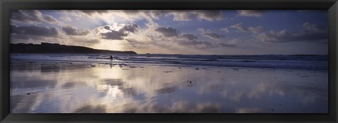 Framed Reflection of clouds on the beach, Fistral Beach, Cornwall, England Print