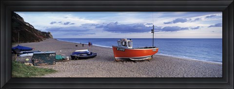 Framed Boats on the beach, Branscombe Beach, Devon, England Print