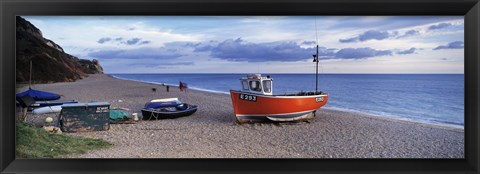 Framed Boats on the beach, Branscombe Beach, Devon, England Print