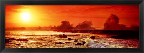 Framed Waves breaking on rocks in the ocean, Oahu, Hawaii Print