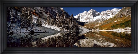 Framed Reflection of snowy mountains in the lake, Maroon Bells, Elk Mountains, Colorado, USA Print