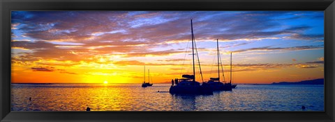 Framed Silhouette of sailboats in the ocean at sunset, Tahiti, Society Islands, French Polynesia Print