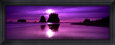 Framed Silhouette of sea stacks at sunset, Second Beach, Washington State Print
