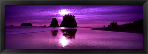 Framed Silhouette of sea stacks at sunset, Second Beach, Washington State Print