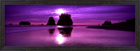 Framed Silhouette of sea stacks at sunset, Second Beach, Washington State Print