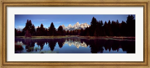 Framed Reflection of mountains with trees in the river, Teton Range, Snake River, Grand Teton National Park, Wyoming, USA Print