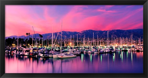 Framed Boats moored in harbor at sunset, Santa Barbara Harbor, Santa Barbara County, California, USA Print