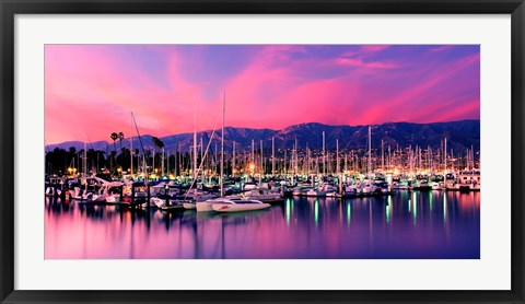 Framed Boats moored in harbor at sunset, Santa Barbara Harbor, Santa Barbara County, California, USA Print