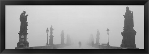 Framed Statues and lampposts on a bridge, Charles Bridge, Prague, Czech Republic (black and white) Print