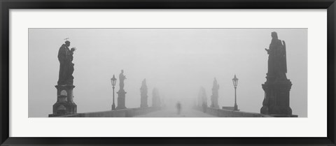 Framed Statues and lampposts on a bridge, Charles Bridge, Prague, Czech Republic (black and white) Print