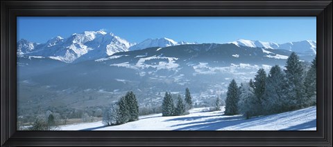 Framed Trees with snow covered mountains in winter, Combloux, Mont Blanc Massif, Haute-Savoie, Rhone-Alpes, France Print
