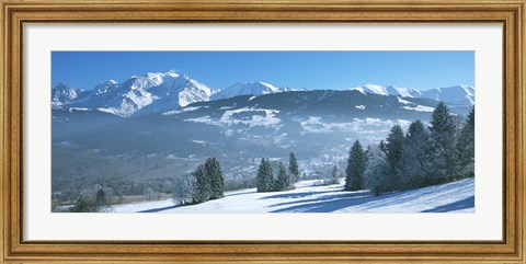 Framed Trees with snow covered mountains in winter, Combloux, Mont Blanc Massif, Haute-Savoie, Rhone-Alpes, France Print
