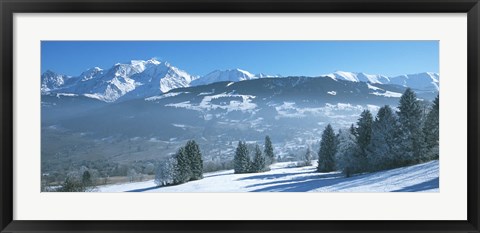 Framed Trees with snow covered mountains in winter, Combloux, Mont Blanc Massif, Haute-Savoie, Rhone-Alpes, France Print