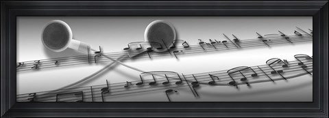 Framed Music notes superimposed on ear phones Print