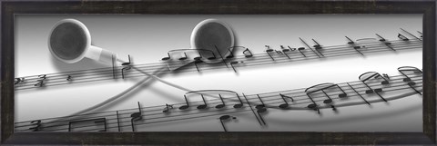 Framed Music notes superimposed on ear phones Print