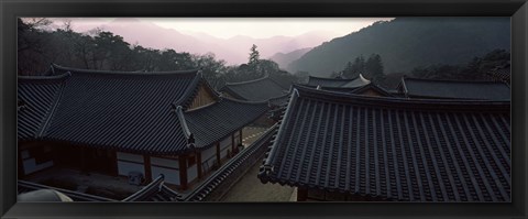 Framed Buddhist temple with mountain range in the background, Kayasan Mountains, Haeinsa Temple, Gyeongsang Province, South Korea Print