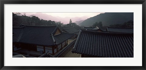 Framed Buddhist temple with mountain range in the background, Kayasan Mountains, Haeinsa Temple, Gyeongsang Province, South Korea Print