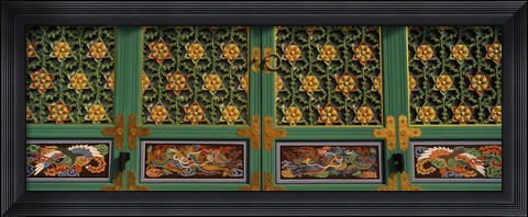 Framed Paintings on the door of a Buddhist temple, Kayasan Mountains, Haeinsa Temple, Gyeongsang Province, South Korea Print
