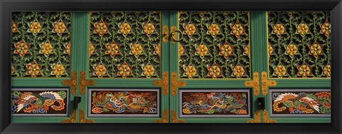 Framed Paintings on the door of a Buddhist temple, Kayasan Mountains, Haeinsa Temple, Gyeongsang Province, South Korea Print