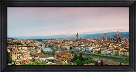 Framed Buildings in a city, Ponte Vecchio, Arno River, Duomo Santa Maria Del Fiore, Florence, Italy Print