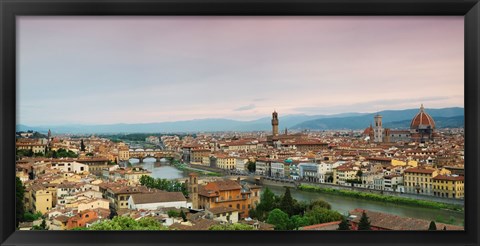 Framed Buildings in a city, Ponte Vecchio, Arno River, Duomo Santa Maria Del Fiore, Florence, Italy Print