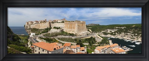 Framed Castle on a hill, Bonifacio Harbour, Corsica, France Print