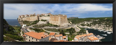 Framed Castle on a hill, Bonifacio Harbour, Corsica, France Print