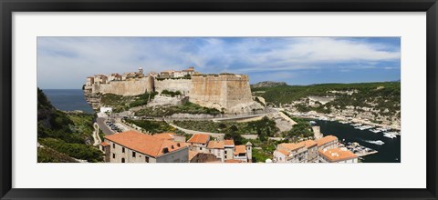 Framed Castle on a hill, Bonifacio Harbour, Corsica, France Print