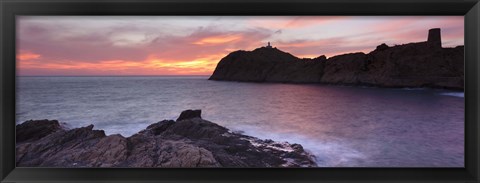 Framed Islands in the sea, La Pietra, Genoese Tower, Phare De La Pietra, L&#39;Ile-Rousse, Balagne, Corsica, France Print